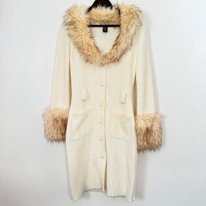Y2K Vibes Boston Proper Cream Hooded Sweater with Faux Fur Trim